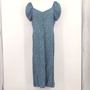 Loft Midi Sweetheart Dress Size 14 Teal Leaf Puff Sleeve Boho Peasant Milkmaid